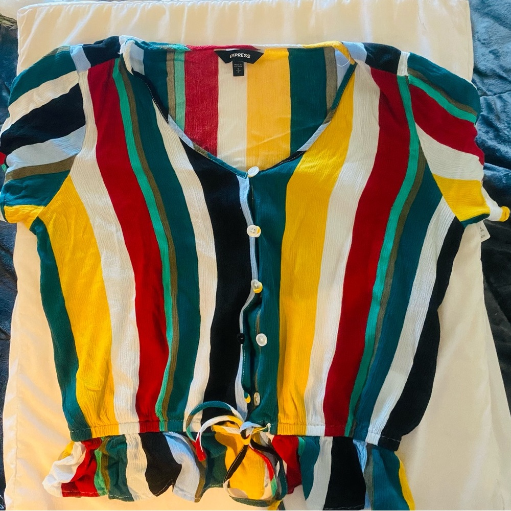 Express Women’s Multi-Colored stripped short sleeves button down drawstring